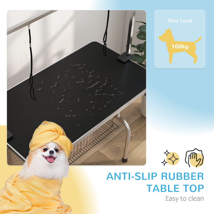 42" Dog Grooming Table, Adjustable Pet Cat Drying Beauty Table with 2 Loops Storage Basket, Rubber Top, Black
