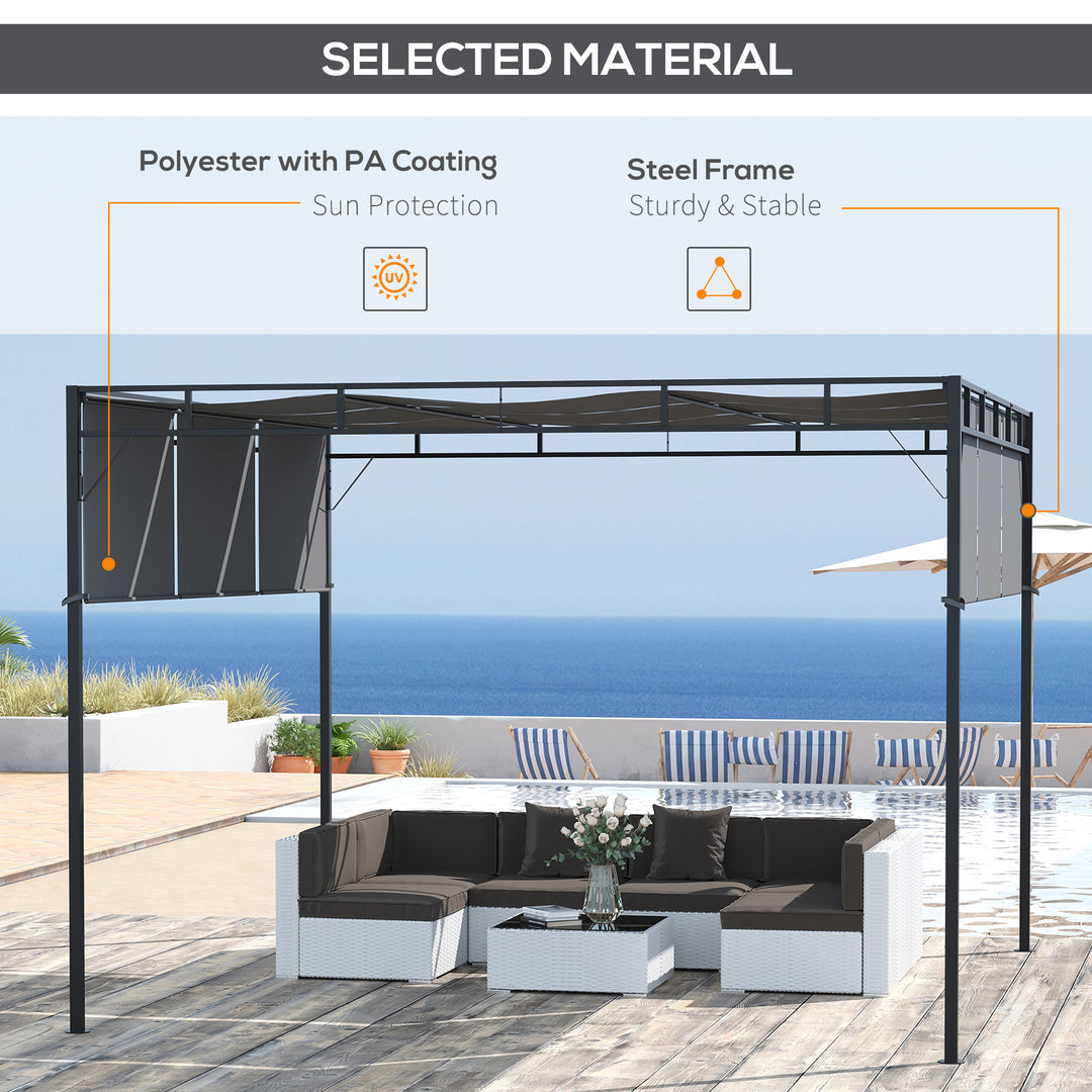 Outsunny 3 x 3(m) Steel Pergola Gazebo Garden Shelter with Retractable Roof Canopy for Outdoor, Patio, Dark Grey