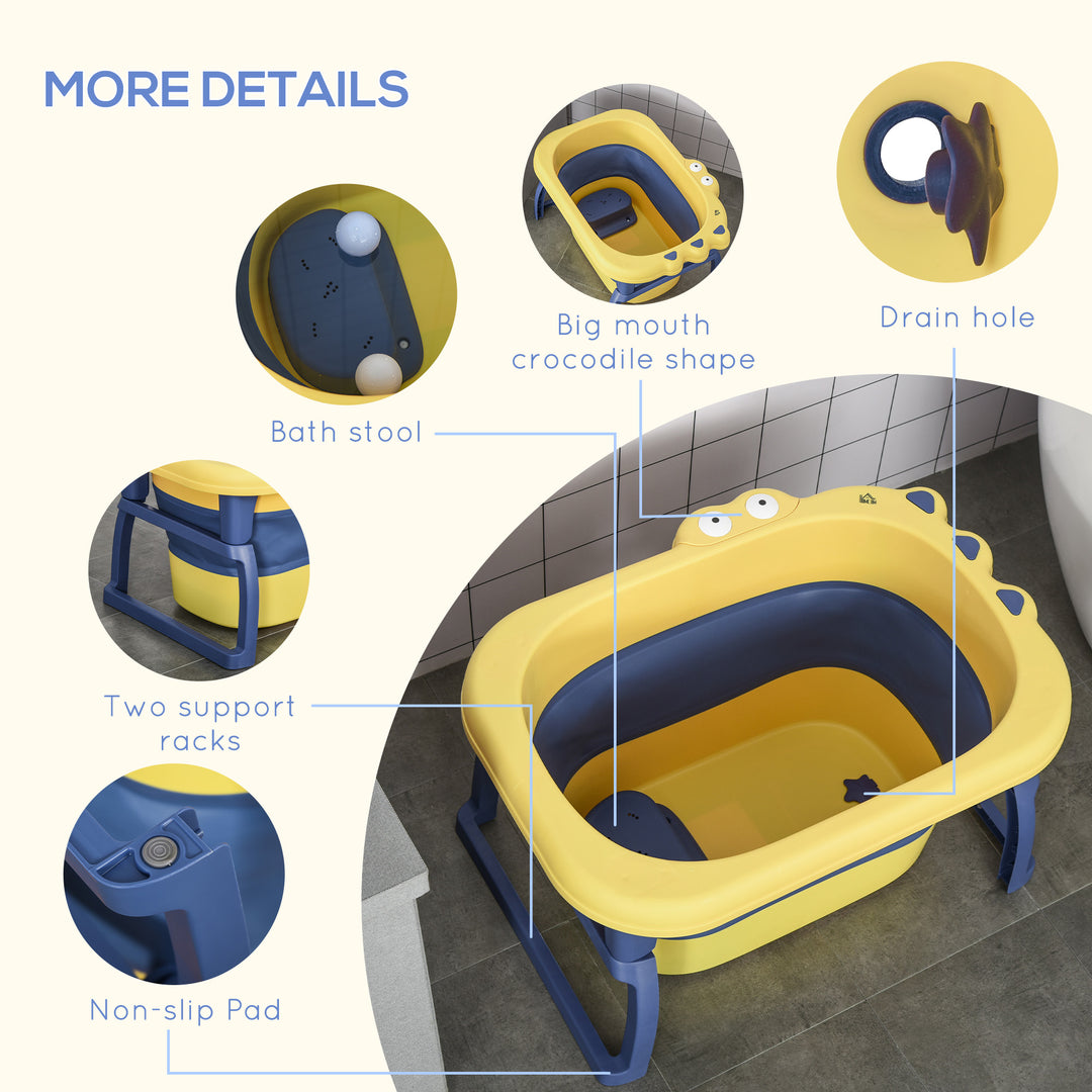 HOMCOM Crocodile Cove: Collapsible Baby Bath with Non-Slip Seat, Portable Design, Sunny Yellow | Aosom UK