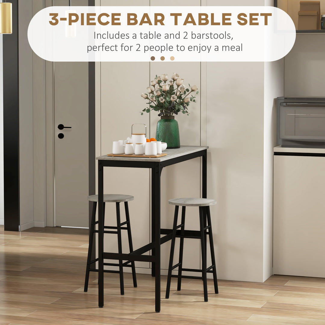 3 Piece Bar Table Set with 2 Stools, Industrial Bar Table and Stool Set, Dining Table and Chair Set, Grey