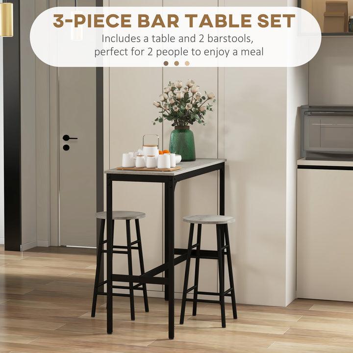 3 Piece Bar Table Set with 2 Stools, Industrial Bar Table and Stool Set, Dining Table and Chair Set, Grey
