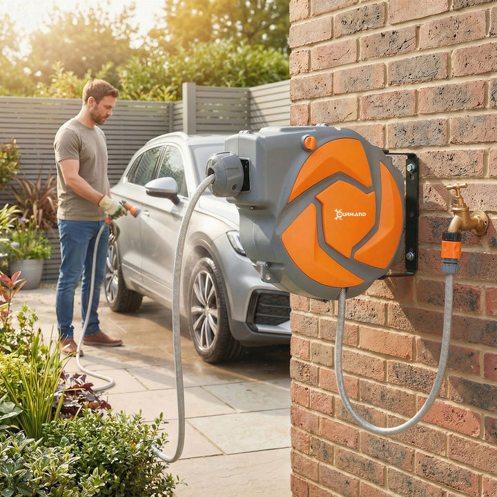 10m Garden Hose Reel Wall Mounted Auto Rewind with 7 Patterns Spray No