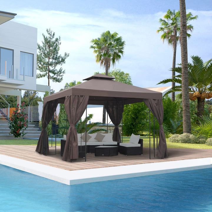 MCL 3 x 3 m Garden Gazebo Double Roof Marquee Patio Wedding Party Tent Canopy Shelter with Sidewalls (Brown)