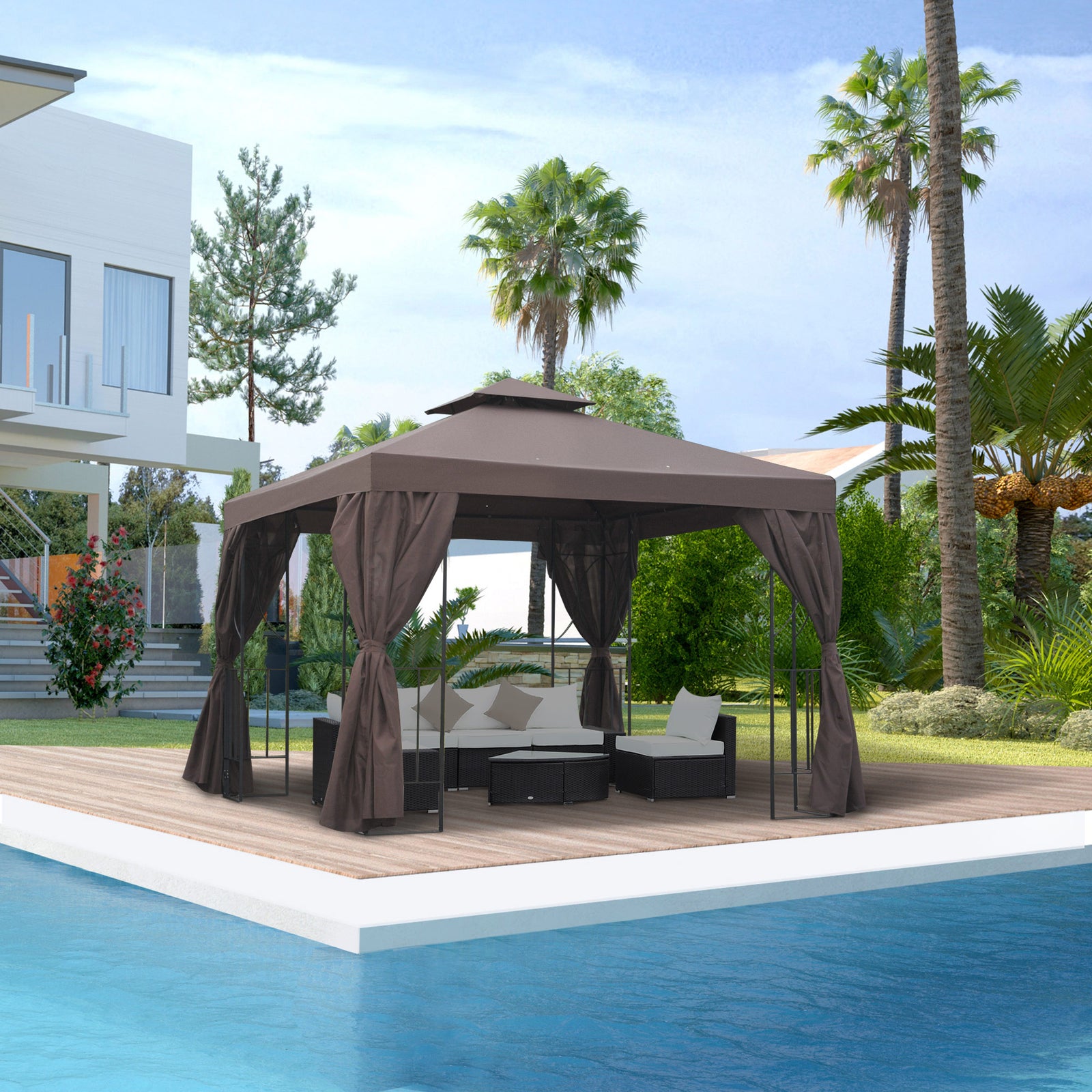 3 x 3 m Garden Gazebo Double Roof Marquee Patio Wedding Party Tent Canopy Shelter with Sidewalls (Brown)