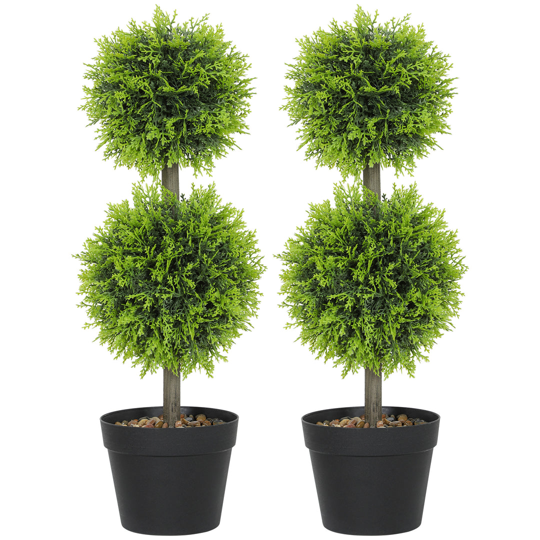 Set of 2 Decorative Artificial Plants, 60cm Faux Topiary Cypress Ball Trees with Plastic Pot and Pebbles, Fake Plants for Home Office Decor, Green