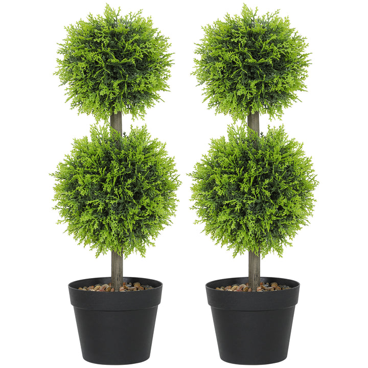 Set of 2 Decorative Artificial Plants, 60cm Faux Topiary Cypress Ball Trees with Plastic Pot and Pebbles, Fake Plants for Home Office Decor, Green