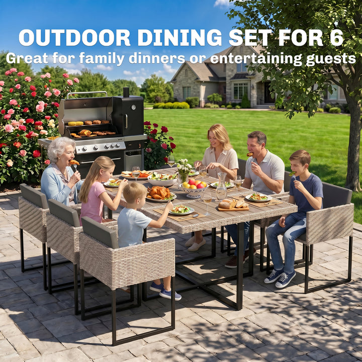7 Piece Rattan Garden Furniture Set, Garden Dining Set with Wood-Plast