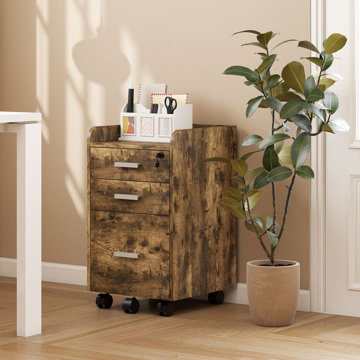 3 Drawer Filing Cabinet with Lock, Rolling File Cabinet with Edged Top