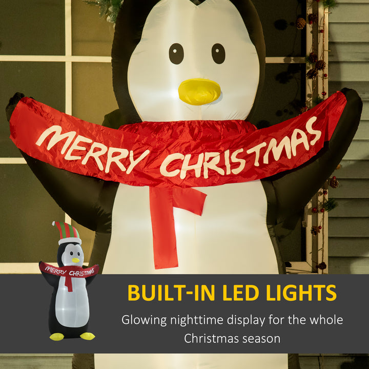 8ft Inflatable Penguin & Christmas Banner Decoration w/ Inner LED Lights Indoor Outdoor Weather-Resistant Shell Fun Cute
