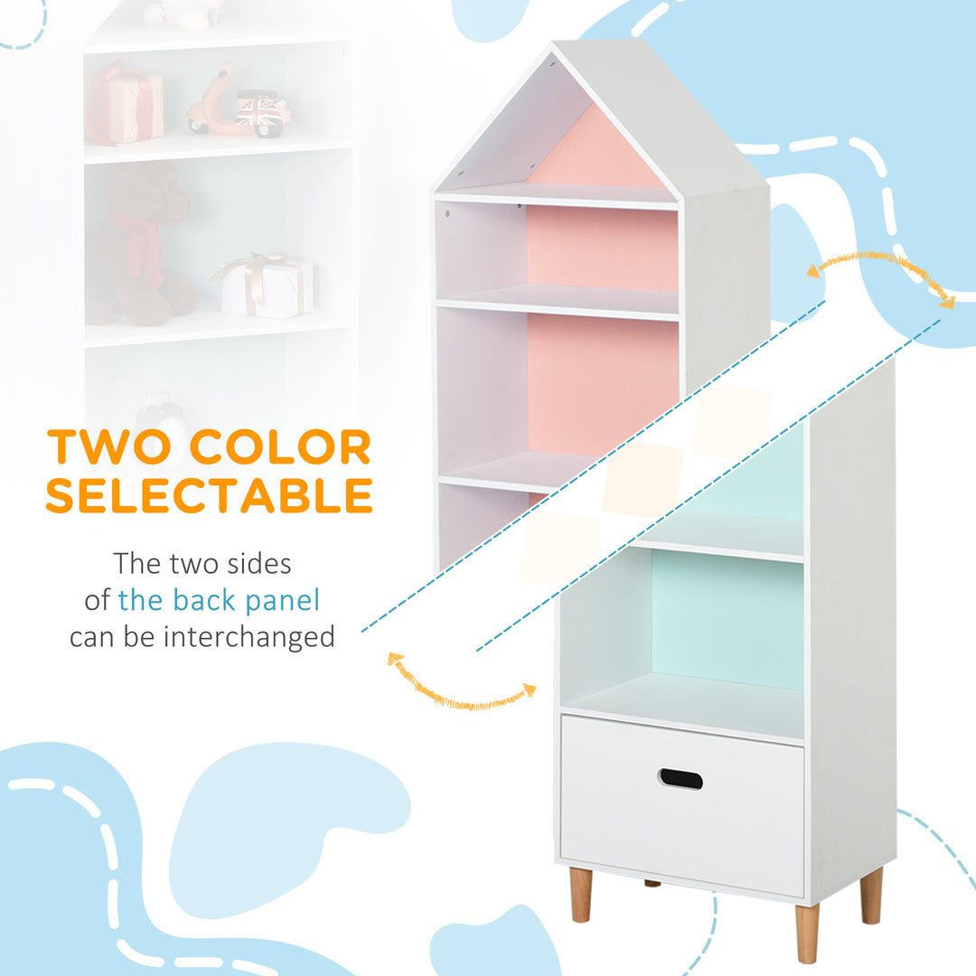 Kids Children Wooden Bookcase w/Drawer Bedroom Furniture Bookshelf Storage Rack Display Unit Toys Games Organisation Cabinet Pink Blue Back Panel 50 x 30 x 142 cm