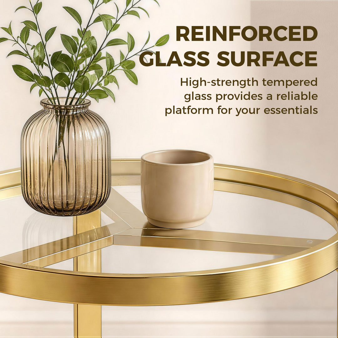 Round Side Table with Tempered Glass Top and Geometric Metal Frame for