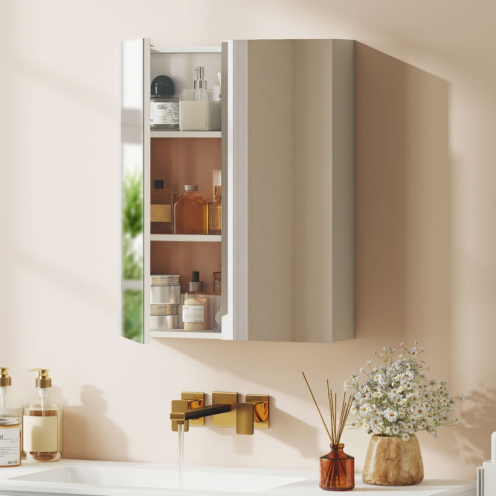 Wall Mounted Bathroom Mirror Storage Cabinet w/ Door Adjustable Shelf,