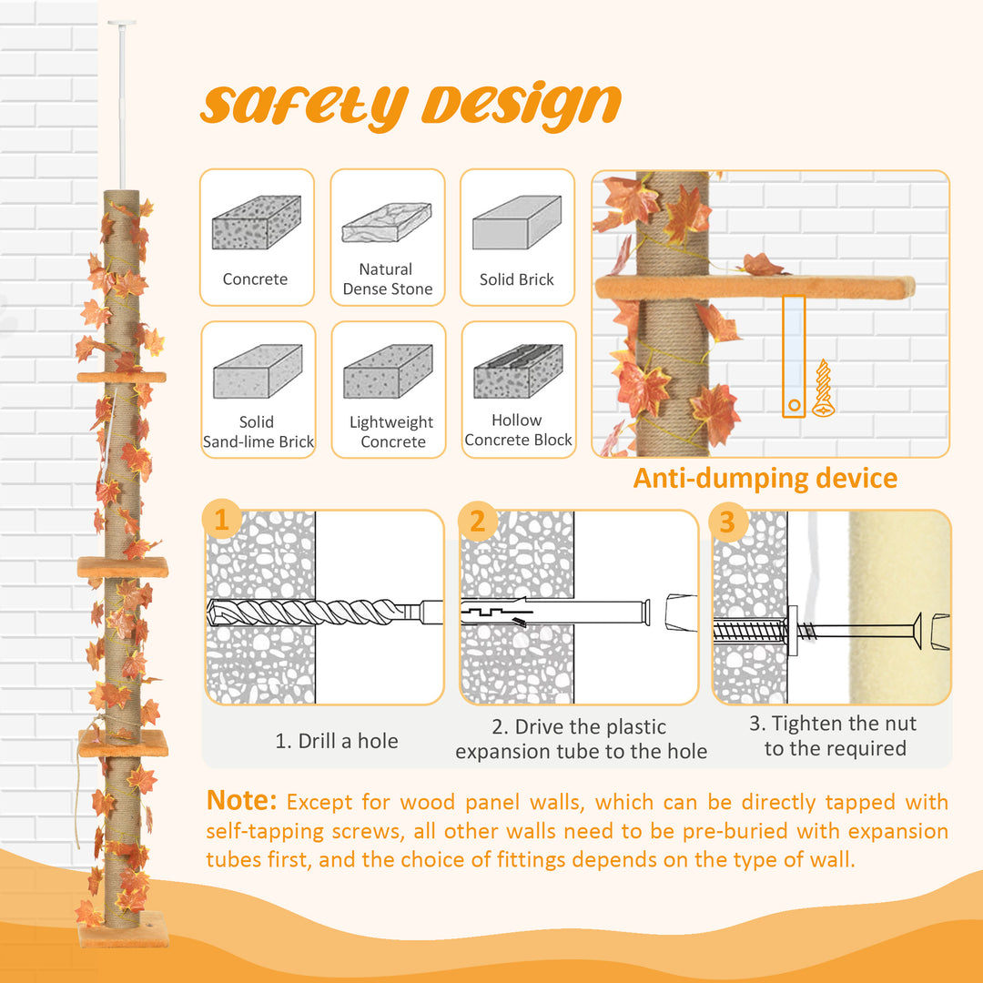 242cm Adjustable Floor-To-Ceiling Cat Tree, with Artificial Decoration, Perches, Anti-Slip Kit - Orange
