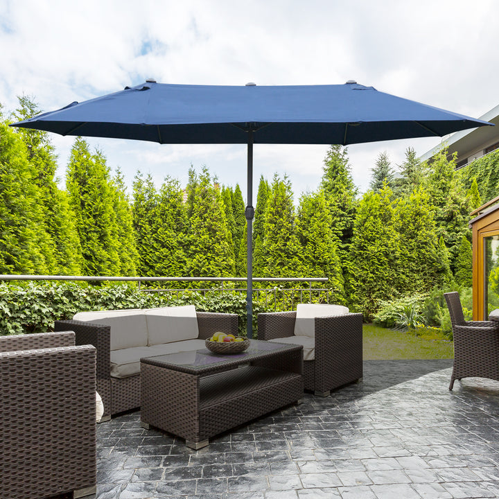 4.6M Sun Umbrella Canopy Double-sided Crank Sun Shade w/ Cross Base Dark Blue