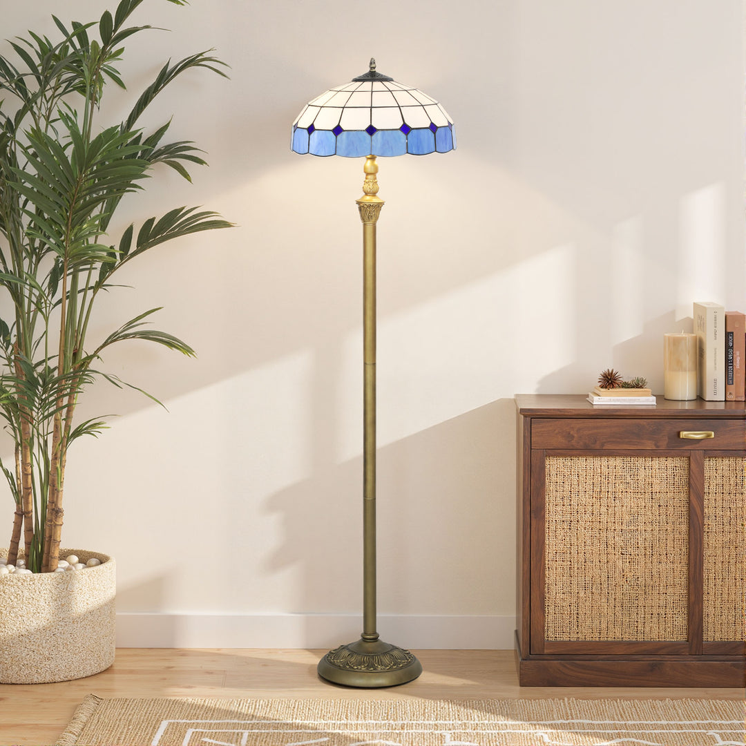 MCL Tiffany-Style Floor Lamp with Handcrafted Stained Glass Shade, 152cm Tall Vintage Standing Lamp with Foot Switch and Dual Sockets for Living Room Bedroom, Bronze Tone and Blue