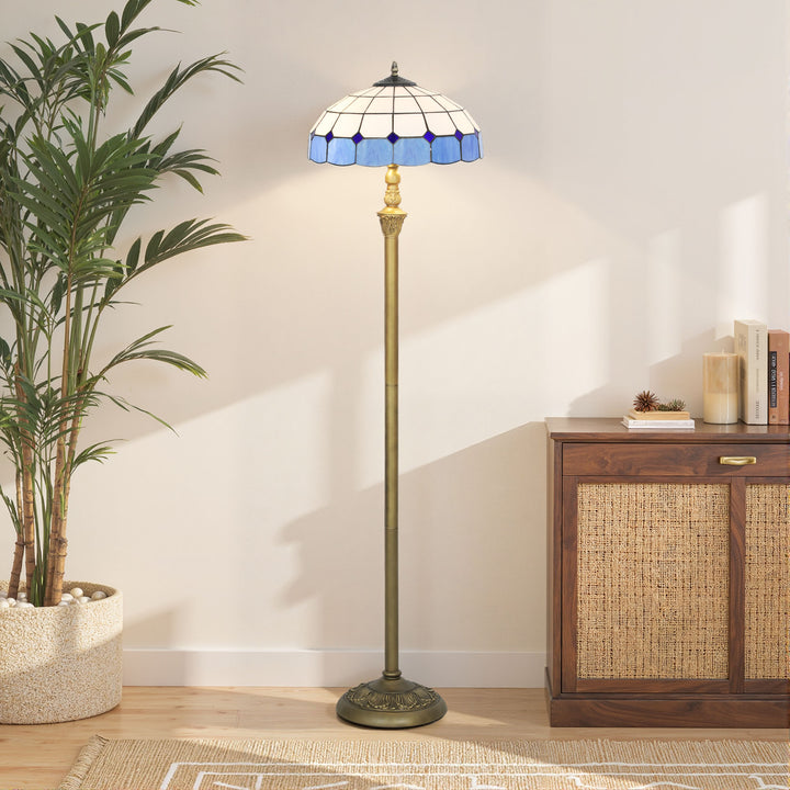 MCL Tiffany-Style Floor Lamp with Handcrafted Stained Glass Shade, 152cm Tall Vintage Standing Lamp with Foot Switch and Dual Sockets for Living Room Bedroom, Bronze Tone and Blue