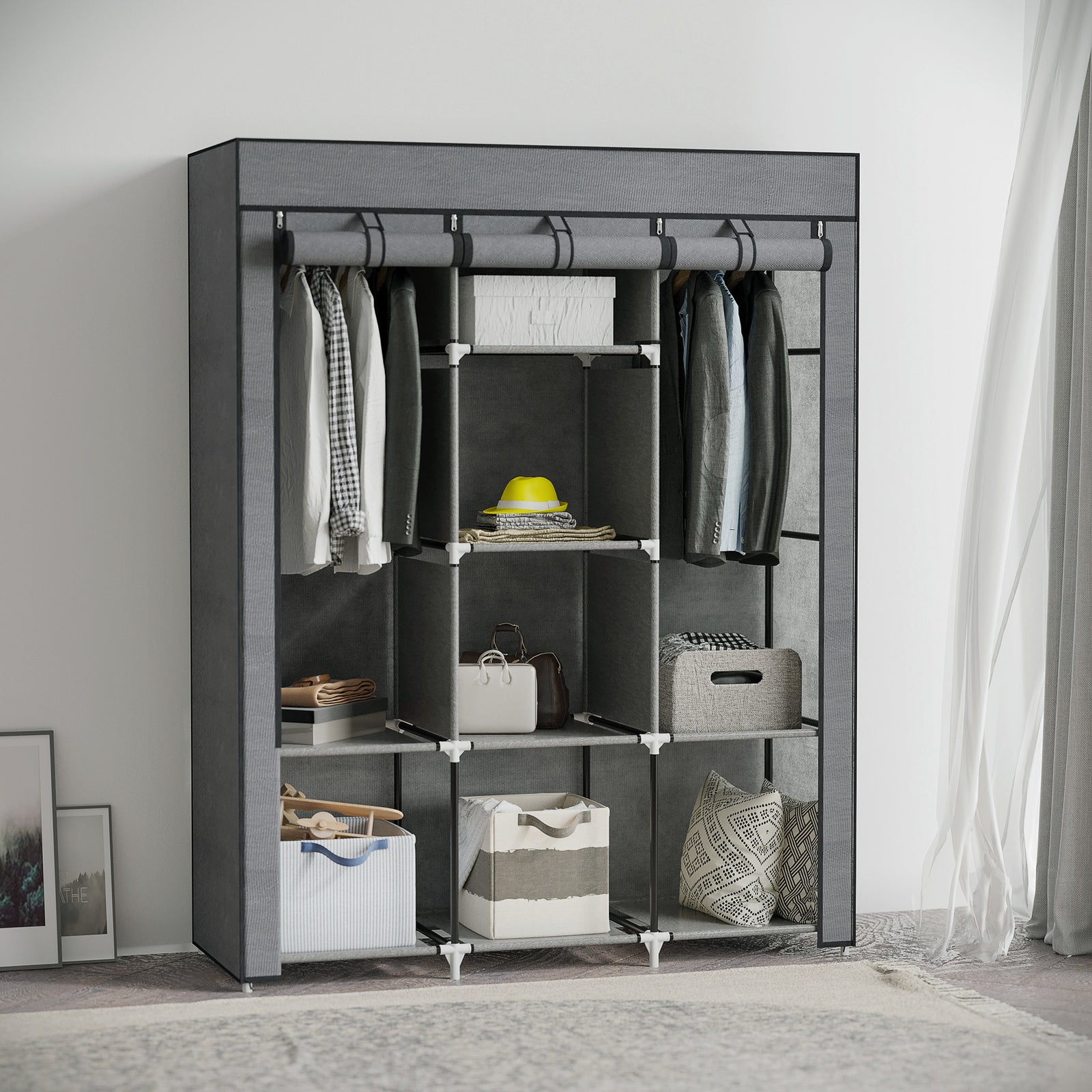Fabric Wardrobe, with Rails and Shelves - Dark Grey
