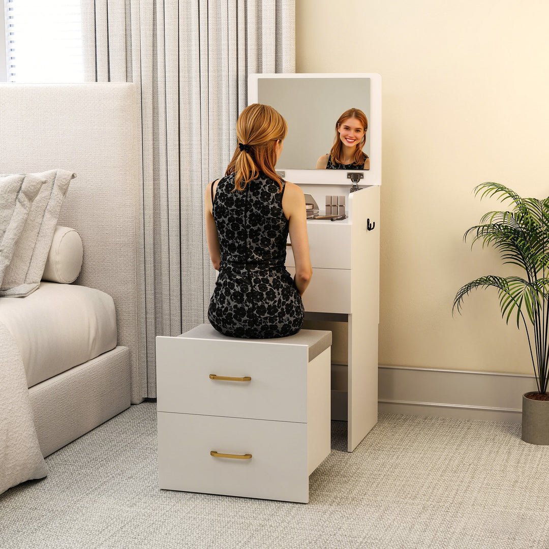 3 in 1 Dressing Table with Flip-top Mirror and Rolling Stool, Modern Vanity Desk with Visible Glass Tabletop, Drawers and Side Hook, Makeup Table with Cushioned Storage Stool for Bedroom, White