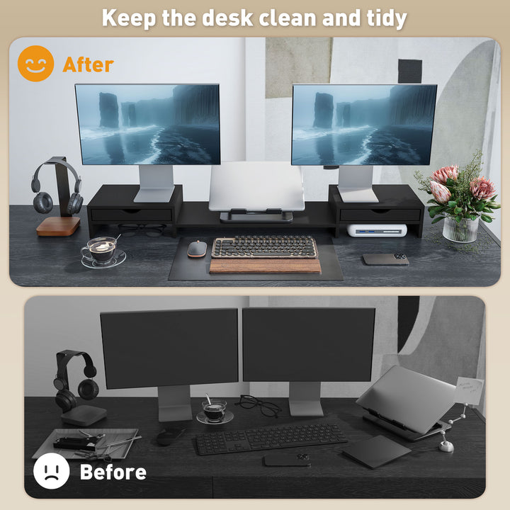 Dual Monitor Stand Riser with 2 Drawers, Adjustable Length and Angle, 116cm Monitor Riser for Laptop, Computer, PC, Small Printer, Black