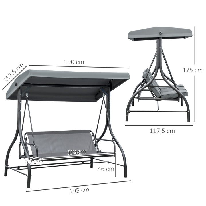 Outsunny 3 Seater Canopy Swing Chair, 2 in 1 Garden Swing Seat Bed, with Adjustable Canopy and Metal Frame, Dark Grey