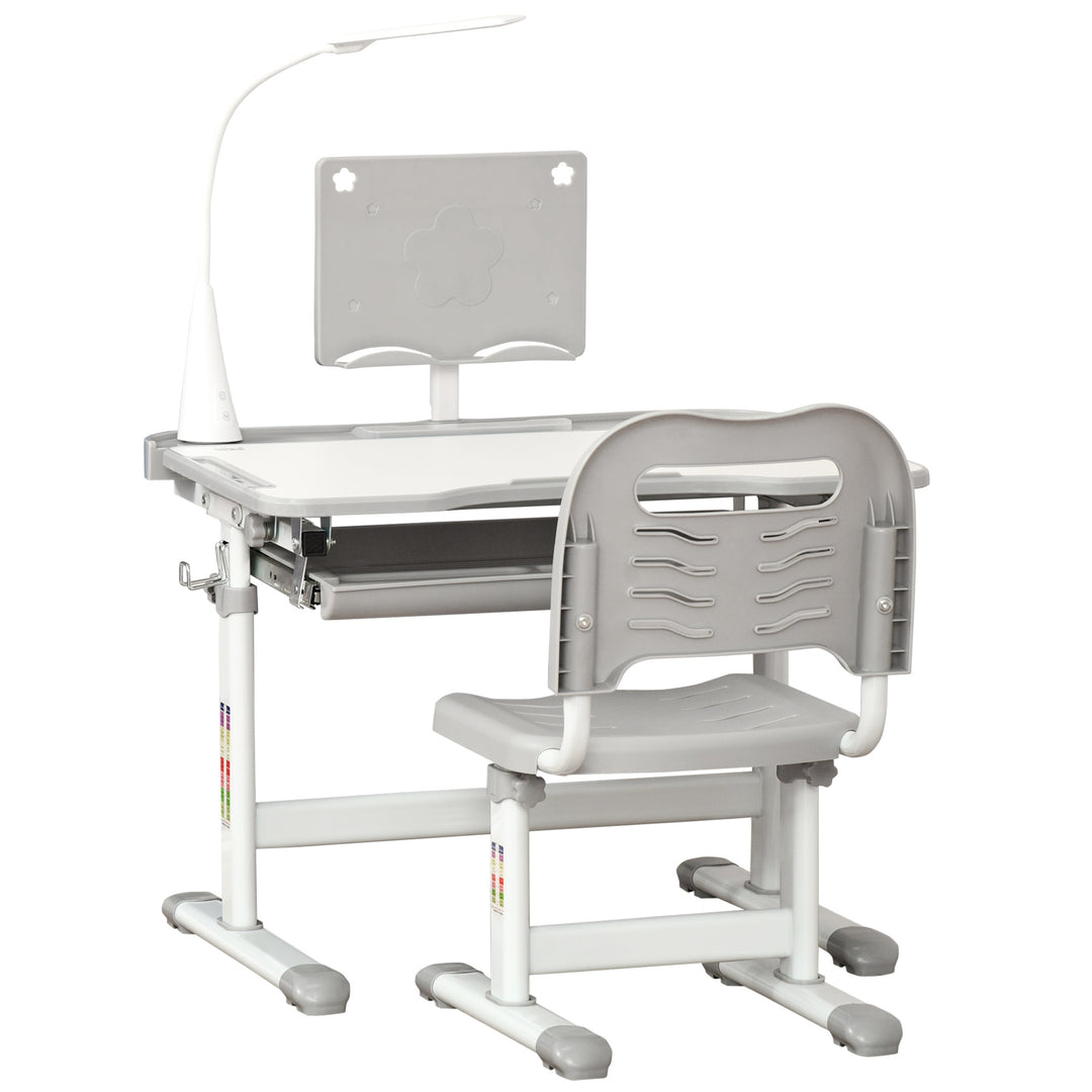 Kids Study Desk and Chair Set w/ Adjustable Height, Storage, Drawer, Grey