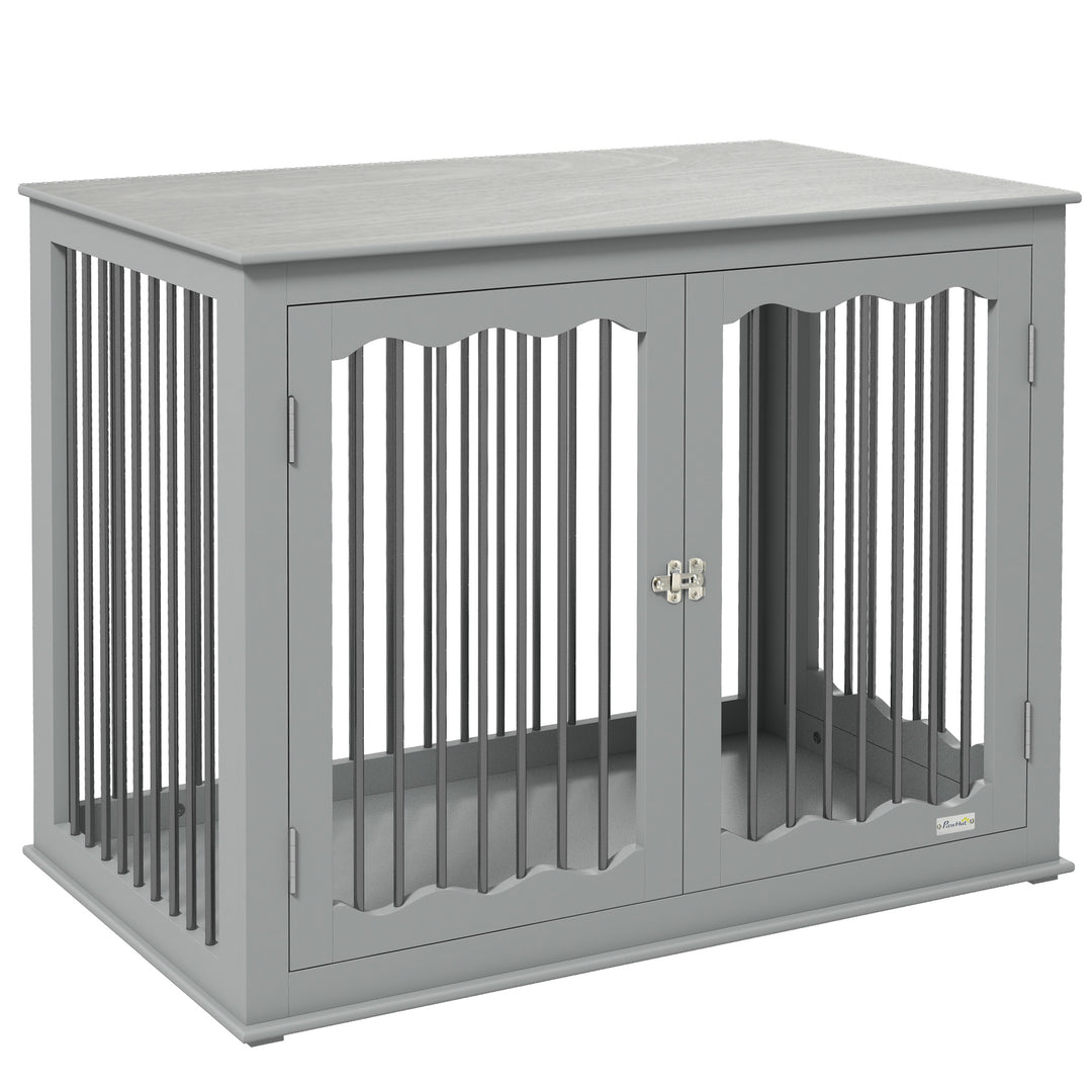 Dog Crate, End Table, with Three Doors, Locks, Latches for Large Dogs, Indoor Use - Grey