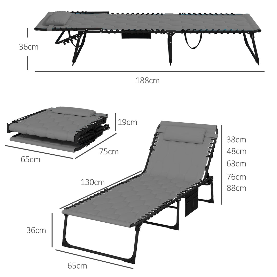 Foldable Sun Lounger with 5-level Reclining Back, Outdoor Tanning Chair Sun Lounger with Build-in Padded Seat, Side Pocket, Headrest for Beach, Yard, Patio, Grey