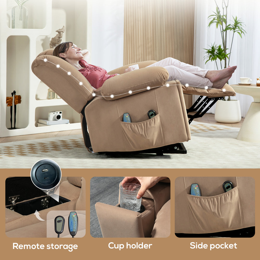 Velvet-Feel Electric Riser, Recliner and Massage Armchair - Light Brown