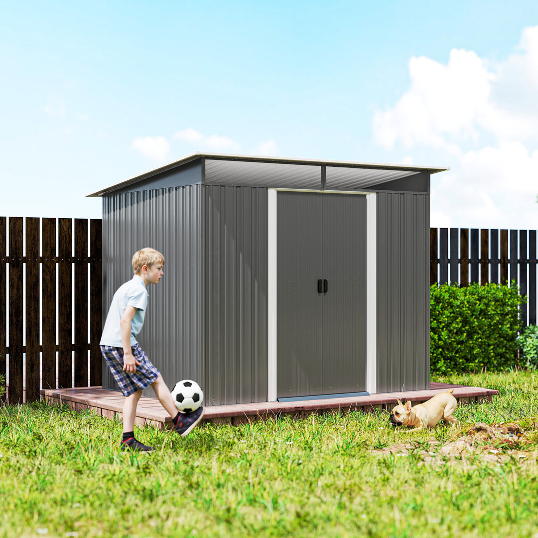 Garden Metal Storage Shed House Hut Gardening Tool Storage w/ Tilted Roof and Ventilation 8.5 x 6ft, Grey