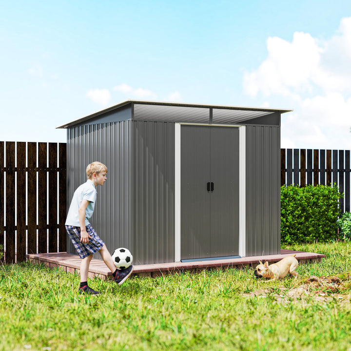 MCL Garden Metal Storage Shed House Hut Gardening Tool Storage w/ Tilted Roof and Ventilation 8.5 x 6ft, Grey
