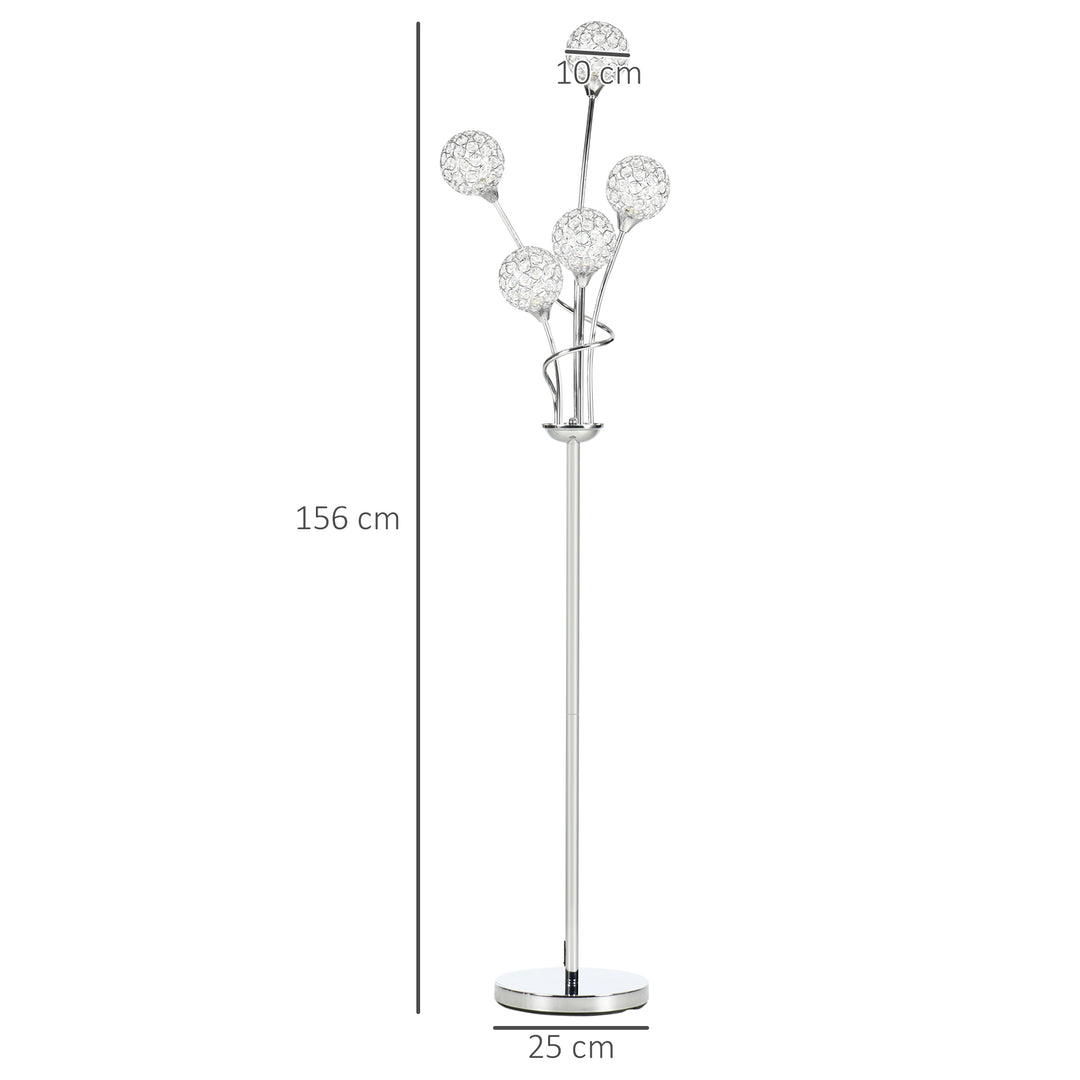 HOMCOM Crystal Floor Standing Lamp with 5-Light , Floor Lights for Living Room & Bedroom, Modern Silver Design, Silver | Aosom UK