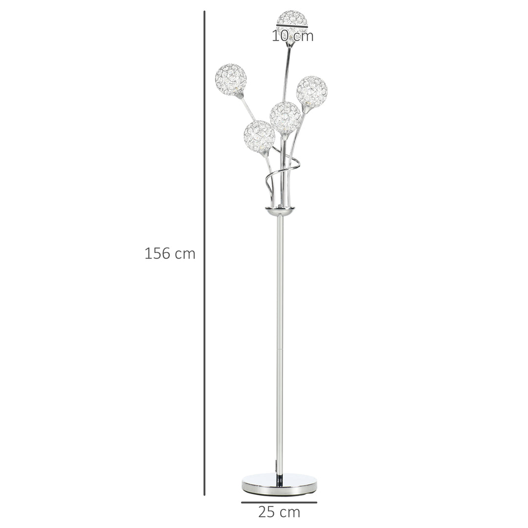 HOMCOM Crystal Floor Lamps for Living Room Bedroom with 5 Light, Modern Upright Standing Lamp, 34x25x156cm, Silver