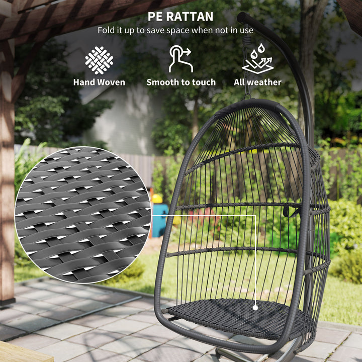 Rattan Hanging Egg Chair with Stand, Foldable Wicker Swing Egg Chair with Cushion, Head Pillow, Steel Frame, Hammock Chair for Indoor Outdoor, Capacity 150 kg, Dark Grey