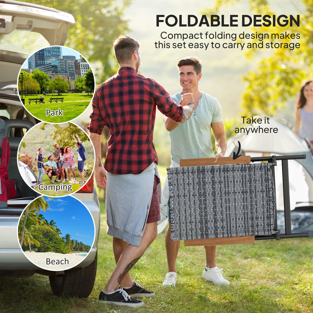 2 Pieces Folding Rattan Garden Dining Chairs with 5-level Reclining High Back, Wood Armrests for Outdoor - Light Grey