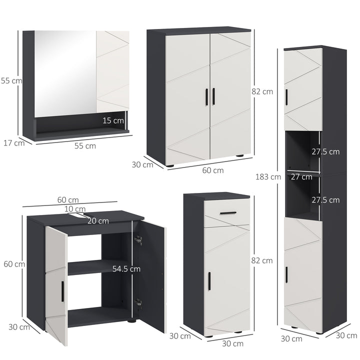 5-Piece Bathroom Furniture Set, Bathroom Storage Cabinet with Doors and Shelves, Tall and Small Floor Cabinets, Wall-mounted Mirror Cabinet, Under Sink Cabinet, Grey