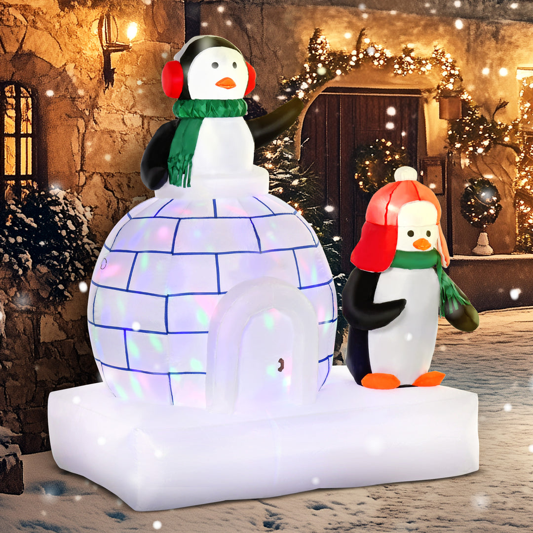 5ft Christmas Inflatable Two Penguins Wearing a Scarf with Ice House Blow Up Decor Home Indoors with Built-in LED Lights Outdoor Toys in Lawn Garden