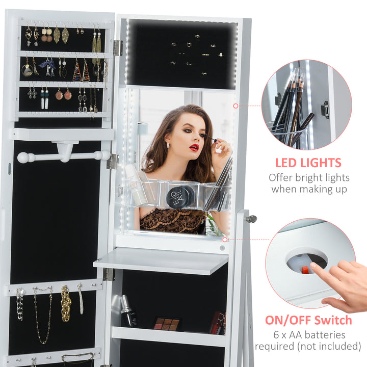 Jewellery Cabinet, Standing Mirror with LED Lights, Full-Length Mirror with Storage Drawers, Hooks and Shelves, Make-Up Armoire, Jewellery Organiser for Bedroom, White