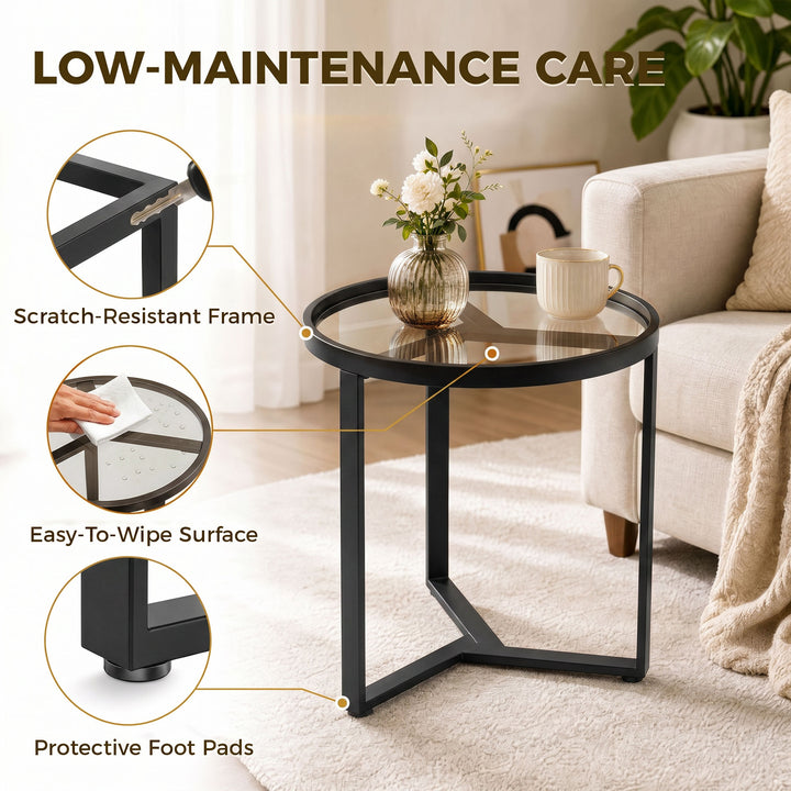 Round Side Table with Tempered Glass Top and Geometric Metal Frame for