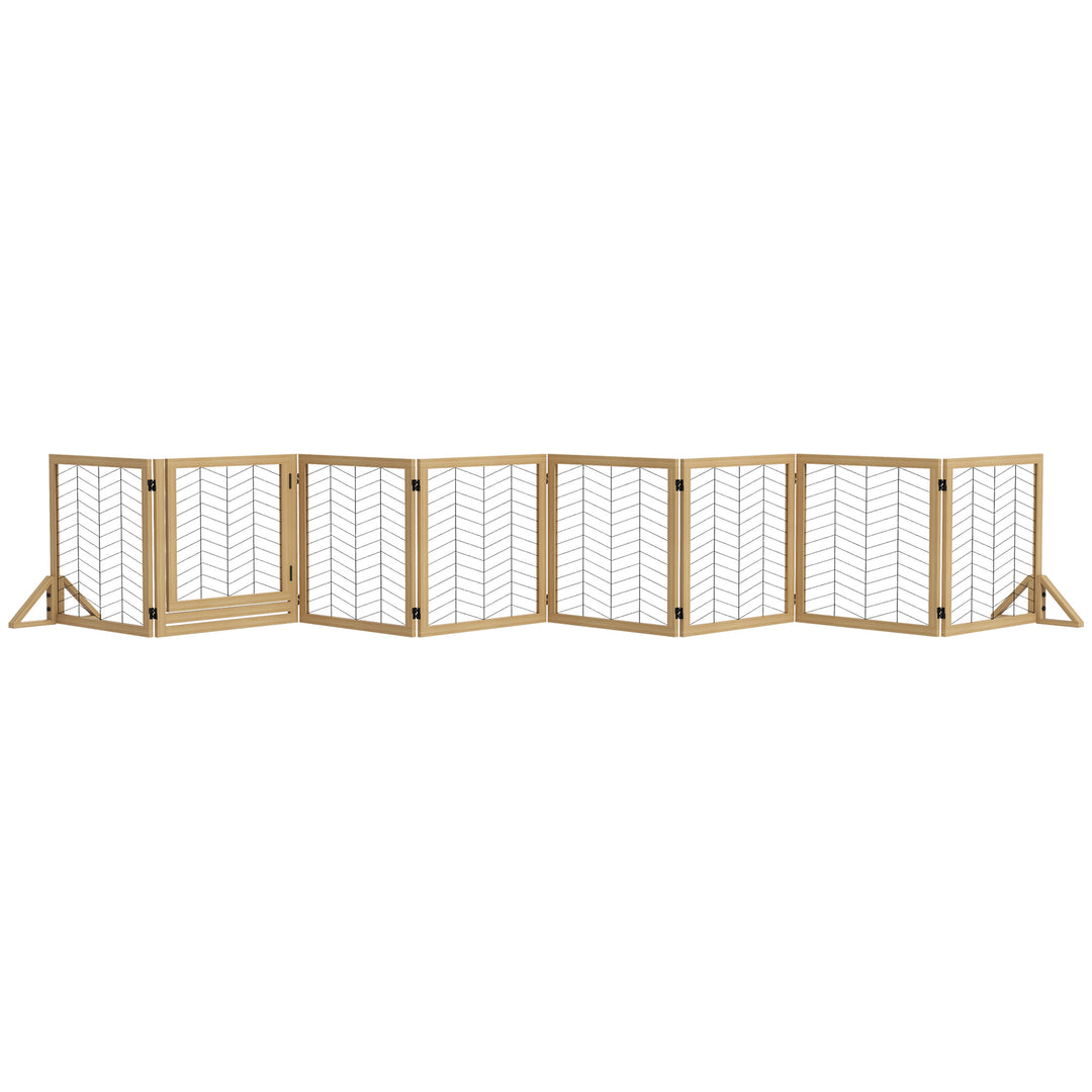 8 Panels Foldable Pet Gate with Support Feet, for House, Doorway, Stairs, Small and Medium Dogs - Natural Wood