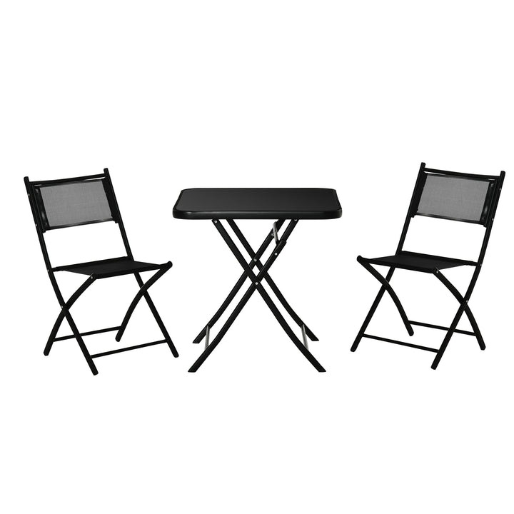 3 Pieces Garden Bistro Set, Folding Patio Table with Glass Table Top and 2 Chairs, Outdoor Furniture Set for Garden and Porch, Black