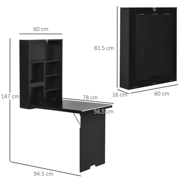 Folding Wall-Mounted Drop-Leaf Table, Convertible Wall Table With Chalkboard and Storage Shelf, Multifunctional Floating Desk for Home Office, Black