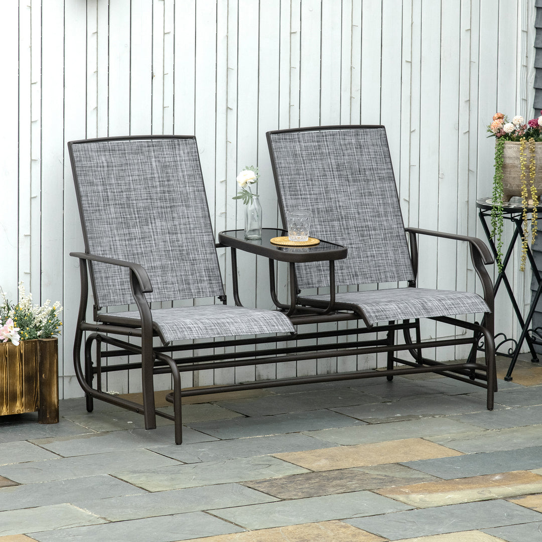 2 Seats Garden Glider Bench, Metal Frame Loveseat with Glass Top Centre Table, Porch Rocking Glider for 2 Person, for Deck, Patio, Brown/ Grey