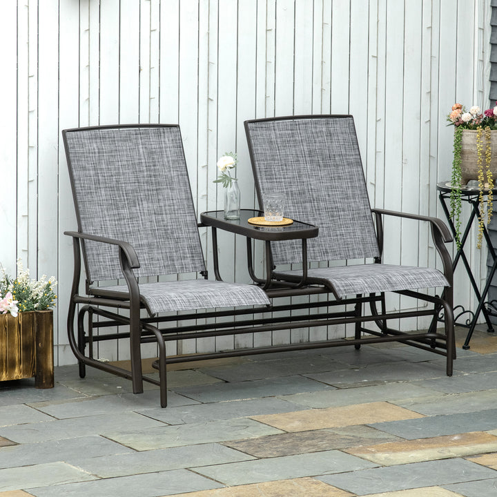 2 Seats Garden Glider Bench, Metal Frame Loveseat with Glass Top Centre Table, Porch Rocking Glider for 2 Person, for Deck, Patio, Brown/ Grey