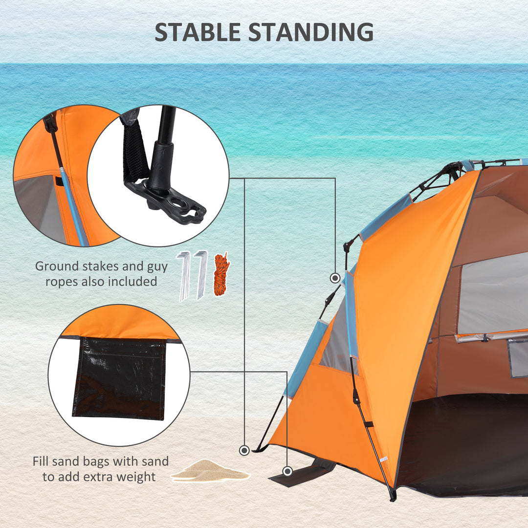 Outsunny Pop Up Beach Tent, Easy Set Up Sun Shelter, Portable Instant Beach Canopy w/ Extended Porch, Sandbags, Mesh Screen Windows for 1