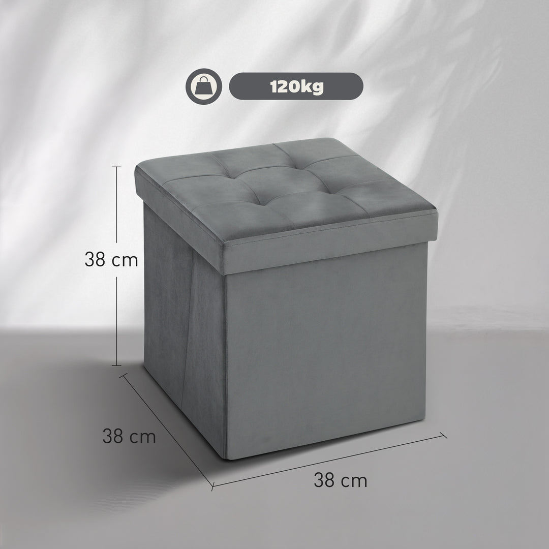 Foldable Velvet-Feel Storage Ottoman - Grey
