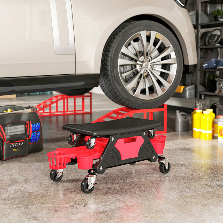 Rolling Mechanic Stool, 135kg Capacity Workshop Stool with 360° Swivel Wheels, Roller Creeper Seat with Slide Out Tool Trays, Drawer, Bottle Holders for Garage, Shop, Auto Repair, Red