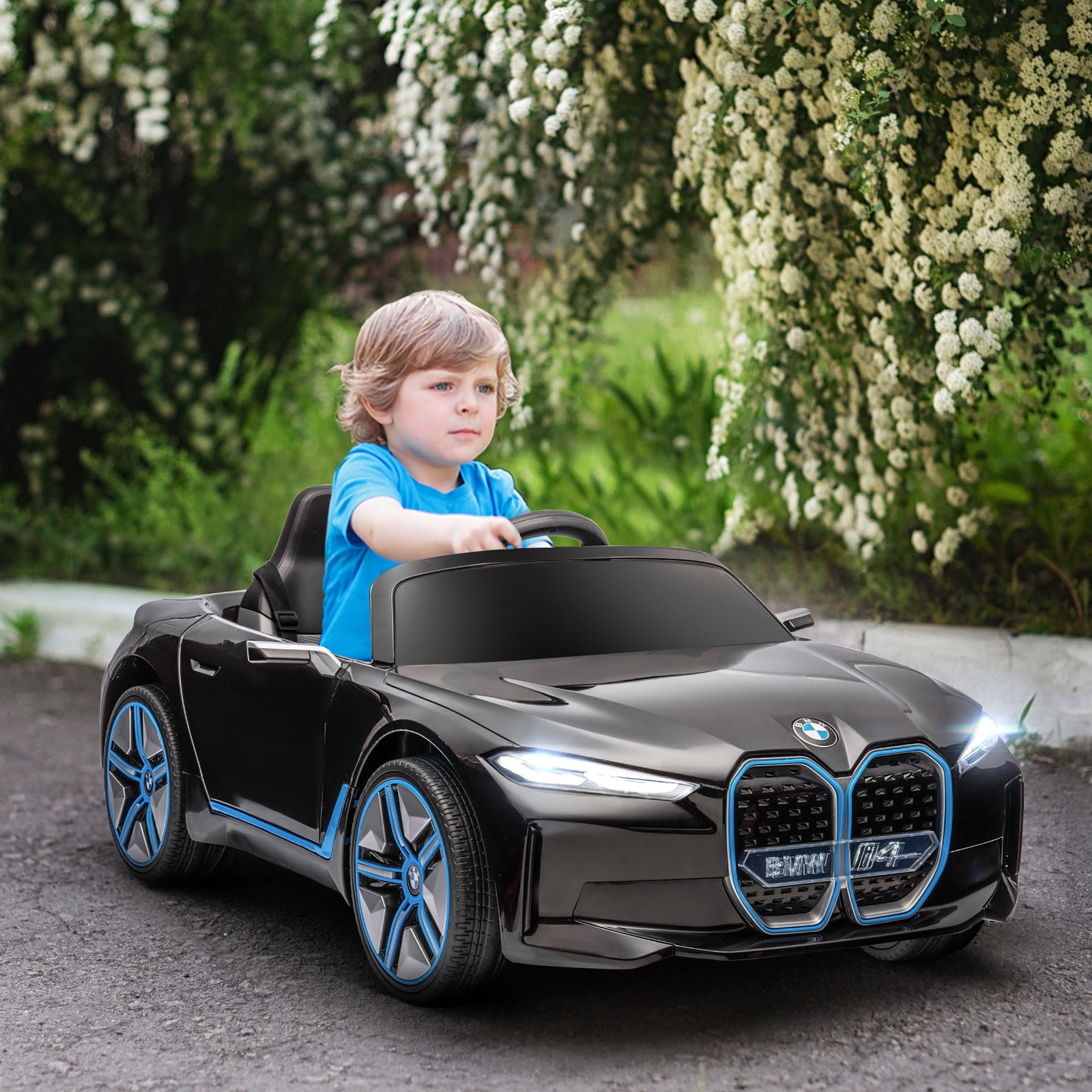 BMW i4 Licensed 12V Kids Electric Ride-On Car, with Remote Control, Portable Battery, Music, Horn, Headlights - Black