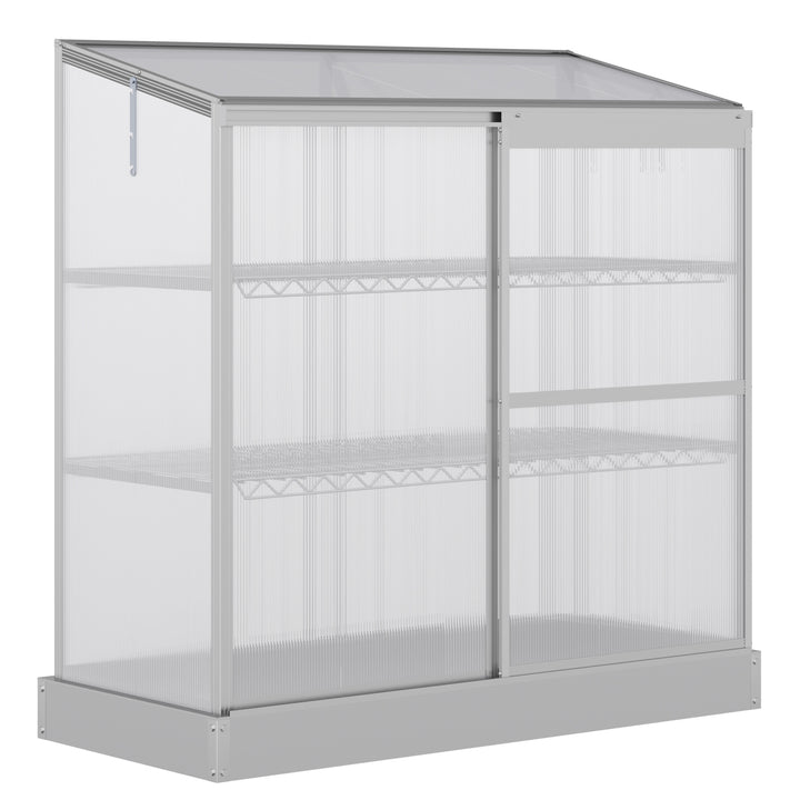 3 Tier Greenhouse Garden Outdoor Cold Frame Plant Flower Growth Transparent Polycarbonate Board Openable Roof Sliding Door w/ Foundation 131L x 58W x 140H cm