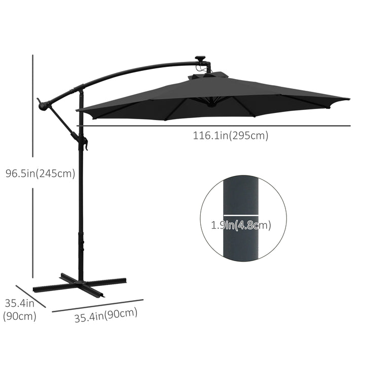 Outsunny 3m LED Patio Banana Umbrella Cantilever Parasol w/ Crank Cross Base Hanging Offset Umbrella Frame Steel  Aluminium Garden Table Outdoor Black