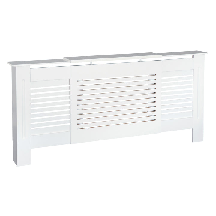 MCL MDF Extendable Radiator Cover Cabinet Shelving Home Office Slatted Design White 139-208.5L x 20.5W x 82.5H cm